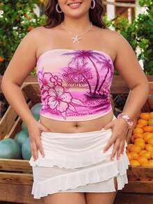 ROMWE Avant Island Vacation Style Hibiscus, Palm Tree, Sunset, Pink Sea Rhinestone Print Y2K Crop Top For Plus Size Women - Pink - View 8