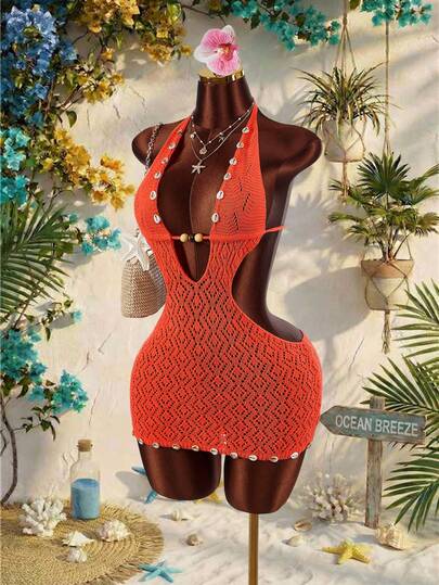 Amplova Women's Knitted Cover-Up Dress With Starfish & Shell Accents, Sexy & Avant-Garde, Suitable For Resort Wear, Halter Backless Bodycon Dress