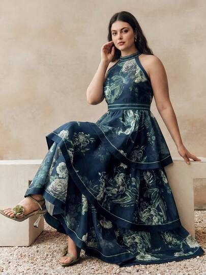 Anewsta Vestido largo elegante y romántico sin mangas con estampado floral, cuello halter y lazo en la cintura, adecuado para vacaciones, Día de San Valentín, playa y fiestas