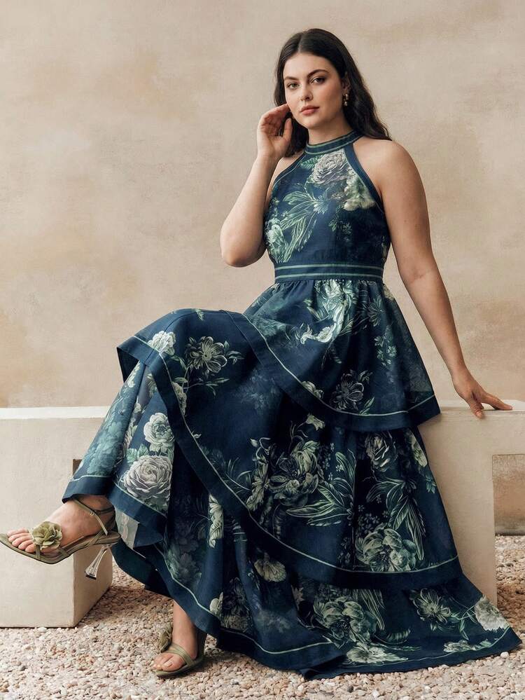 Anewsta Elegant Romantic Sleeveless Floral Print Halter Waist Tie Maxi Dress, Suitable For Vacation, Valentine's Day, Beach, Party
