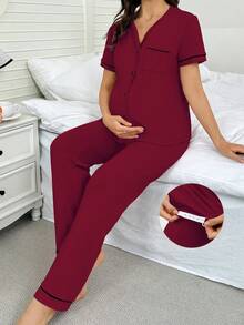 Moonlight&Mama Maternity Casual Short Sleeve Top And Pants Loungewear Set - Burgundy - View 4