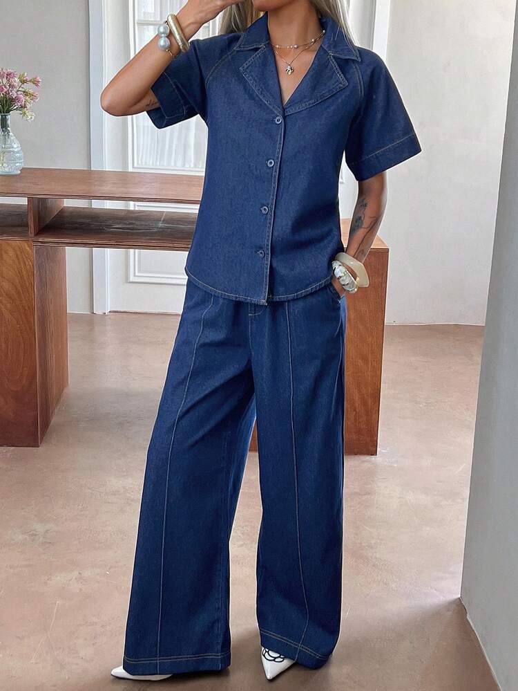 Women's Short Sleeve Top And Denim Pants Set