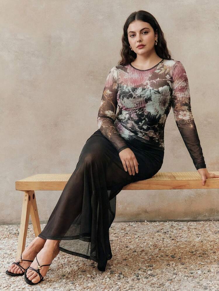 Anewsta Women's Elegant Multi-Color Mesh Floral Print Round Neck Long Sleeve Fishtail Hem Slim Fit Maxi Dress, Graceful And Generous, Lightweight And Soft, Suitable For Daily, Vacation And Beach Occasions, Plus Size Long Dress