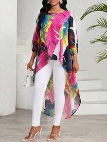 SHEIN Lady 女士前短后长全印花优雅衬衫 - 彩色 - 查看 5