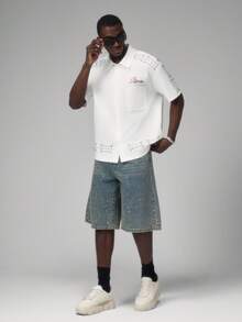 STYNVO Men's Casual Fashion Street Daily Commute Rhinestone Patchwork Dropped Shoulder Loose Shirt, Summer - White - View 4