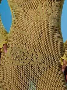 MUSERA Open Keyhole Front Floral Detail Long Sleeve Fitted Crochet Knit Maxi Dress Summer Sexy Going Out Beach Holiday Ibiza Club Tropical Fever - Light Yellow - View 6