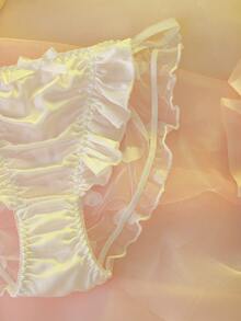 White Satin Mesh Splice Sheer Ruffle Trim Elegant Bridal Panties - White - View 6