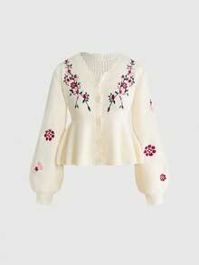 ROMWE Fairycore Women's Retro Mori Style Lantern Sleeve Embroidered Cardigan - لون مشمشي - مشاهدة 1