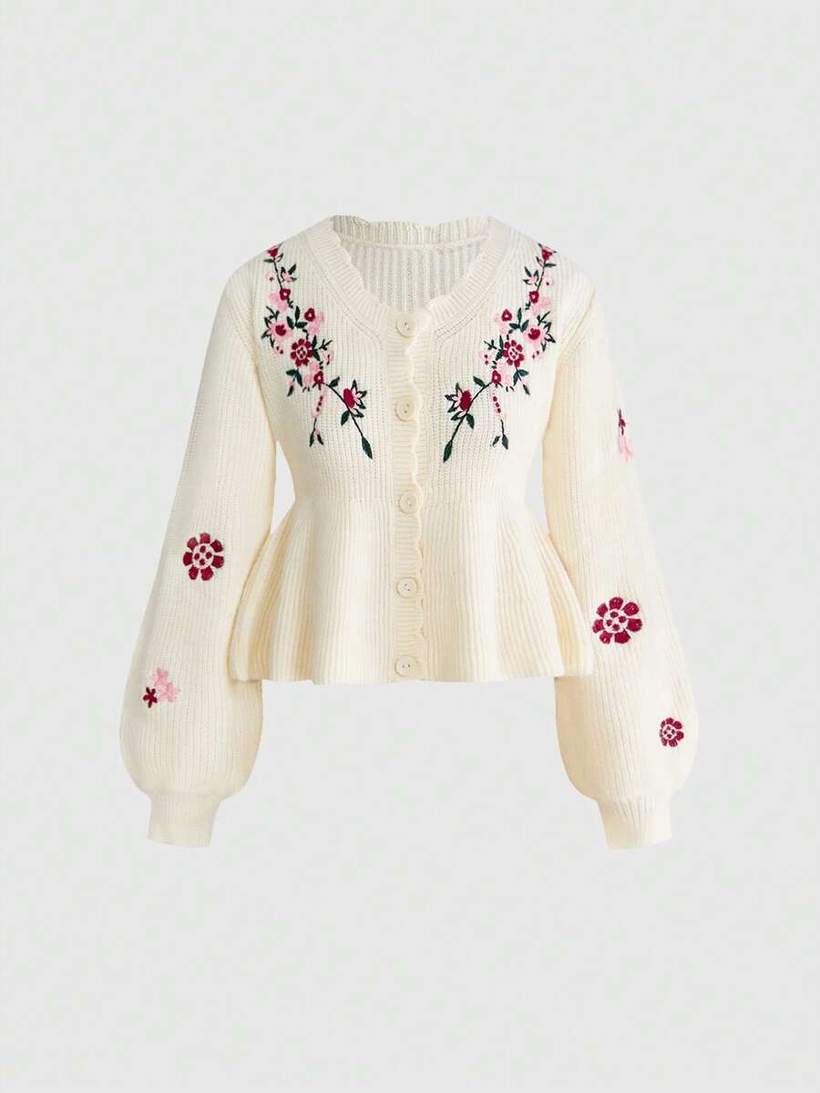 ROMWE Fairycore Women's Retro Mori Style Lantern Sleeve Embroidered Cardigan - لون مشمشي - مشاهدة 1
