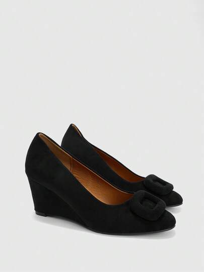 CUCCOO BIZCHIC Black Wedge-Heeled Pumps With Square Buckle Decoration, Simple And Gentle Style, Commuting, Daily Fashion Style