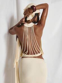 MUSERA High Neck Voluminous Ruched Waistband Panelled Open Back Top Cute Holiday Sexy Night Out Vacation Spring Summer Elegant Soleil Drape - Light Yellow - View 5