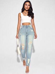 SHEIN Tall Women's Casual Everyday Washed Distressed Skinny Jeans Jeans High Waist Jeans Ripped Jeans Distressed Jeans Cute Jeans - Light Wash - View 5