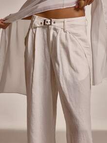 MUSERA Foldover Buckle Front Detail Low Waisted Pleated Wide Leg Trousers Cute Summer Spring Sexy Going Out Beach Holiday Vacation Honey Tides - White - View 5