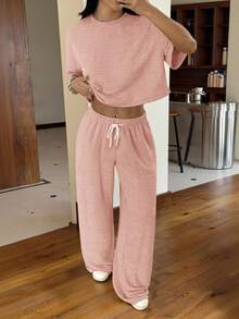 SHEIN EZwear 女士休闲度假风宽松露脐上衣搭配抽绳阔腿裤套装，桃皮绒面料，春夏秋季 - 藕粉色 - 查看 5