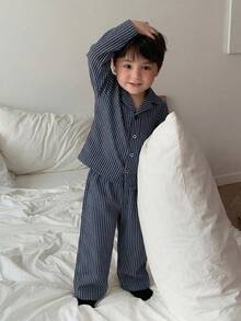 DAZY 2pcs Toddler Boys' Striped Korean Style Shirt And Loose Pants Pajama Set - Blue - View 3
