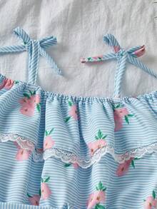 Young Girls Romper, Blue Striped Floral Print, Delicate Ruffle Design, Elastic Waist With Belt, Shorts - Multicolor - View 6