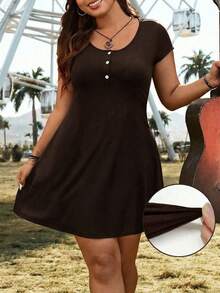 SHEIN EZwear Plus Size Brown Round Neck Casual Short Sleeve Mini Dress, Summer - Brown - View 4