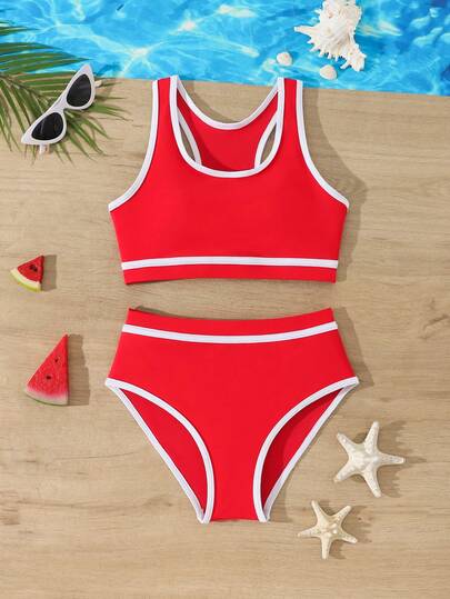SHEIN 少女夏季海滩度假撞色滚边交叉露背比基尼套装