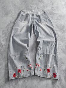 Manfinity ZONE917 男士街头时尚花卉植物刺绣水洗阔腿牛仔裤 - 藍色 - 查看 2