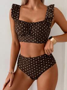 Swim Basics 两件套女士夏季沙滩优雅简约度假黑白波点荷叶边吊带褶皱上衣和高腰褶皱三角裤套装 - 咖啡棕 - 查看 4