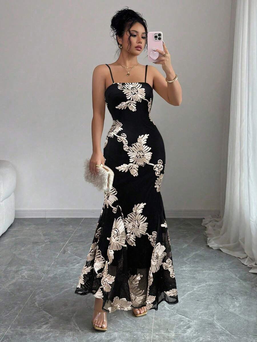 Rafferiza 女士优雅吊带提花针织修身鱼尾连衣裙，畅销晚礼服，女士正装派对礼服，优雅 - 黑色 - 查看 1