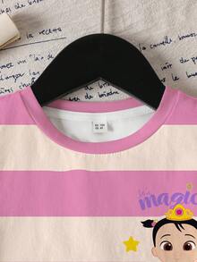 CoComelon X SHEIN 女童休闲卡通条纹圆领短袖T恤，夏季 - 白色 - 查看 3