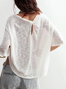 Bohemela Áo thun nữ dệt kim cổ tròn tay ngắn dáng rộng, màu trơn, kiểu dáng thường ngày - trắng - Xem 2