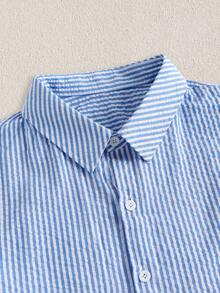 Mercer Haus Men's Casual Striped Textured Fabric Shirt, Suitable For Summer Vacation Beach. - Blue - View 7