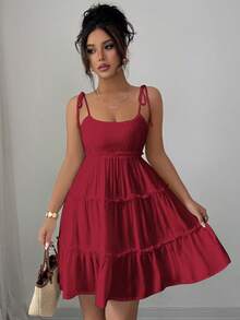Elenzga 瑞士圆点荷叶边吊带连衣裙 度假沙滩装 女款 - 紅色 - 查看 4
