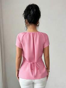 Elenzga Áo sơ mi nữ thanh lịch, kiểu dáng quấn, cổ tròn, tay ngắn, thắt eo, thích hợp đi làm, hẹn hò, mặc quanh năm vào mùa xuân/hè. Áo sơ mi công sở thanh lịch dành cho nữ, thích hợp dự tiệc, hẹn hò, văn phòng, kinh doanh, sinh hoạt hàng ngày vào mùa xuân/hè, mùa tốt nghiệp, Ngày Nhà giáo, tựu trường, Lễ Tạ ơn, áo sơ mi tay ngắn màu trơn đính hạt. - Hồng - Xem 2