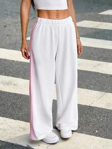 SHEIN PETITE 女士白色条纹针织运动裤，加长直筒裤型，粉色侧条纹，宽松休闲运动裤，适合日常穿着，白色沙滩裤，白色阔腿裤，女士阔腿裤，夏季阔腿裤，女士白色运动裤 - 白色 - 查看 2