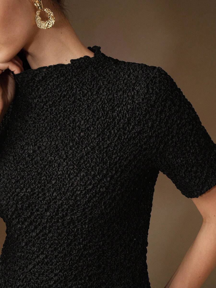 Anewsta Black Textured Short Sleeve Mock Neck Ruched Fitted Women T-Shirt, Spring/Summer - Black - View 1