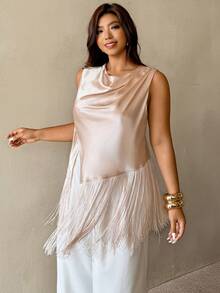 Auralis New Summer Satin Fabric Plus Size Elegant Commuting Workplace Long Tassel Hem Casual Top / Collar Pleated Loose Collar Modern Elegant Shirt / New Asymmetrical Hem Loose Shirt Silk Top For Women Elegant Blouse For Women Casual Modern Latest Tops For Women New Arrivals Sleeveless Top Satin Top Fringe Top - Apricot - View 6