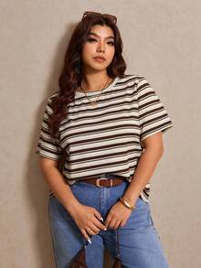 Elaquor 大码女装夏季休闲度假日常通勤撞色条纹印花短袖T恤 女式上衣和衬衫 运动上衣 女式工作衬衫 女式工作衬衫 - 杏色 - 查看 6