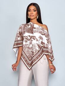 SOLERSUN 女士秋冬休闲优雅杏色印花不对称领长袖不对称下摆衬衫斜肩开衩袖宽松时尚衬衫复古日落假日印花蝙蝠袖上衣新款百搭，适合秋季穿搭、冬季服装、日常通勤、外出穿着 - 棕色 - 查看 4