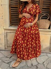 SHEIN 孕妇V领印花连衣裙，兼具哺乳功能，适合日常休闲及度假穿着 - 紅色 - 查看 3