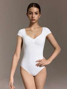 SHEIN Teen Girl Solid Color Ruched Cap Sleeve Jumpsuit 2 Pieces Set, Suitable For Fitness, Outdoor Sports, Ballet, Gymnastics - Black and White - View 4