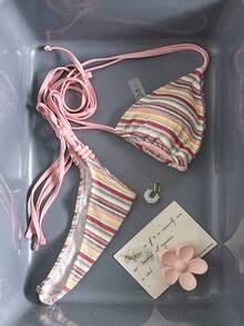 Swim Mod 女士沙滩套装，浅粉色条纹纹理面料，串珠装饰，挂脖比基尼配三角包，时尚休闲度假风甜美可爱优雅女士泳装套装 - 粉色 - 查看 2