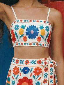 CAJUNI Floral Print Camisole And Tie-Front Shorts 2 Pieces Casual Vacation Set - Beige - View 5