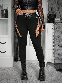 Whyspr 女士街头风长款抽绳针织打底裤，春夏款 - 黑色 - 查看 5