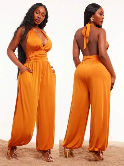 Radiana Bộ jumpsuit nữ cỡ lớn thời trang, gợi cảm, thanh lịch, kiểu cổ yếm, hở lưng, ống rộng, thích hợp cho kỳ nghỉ xuân/hè.