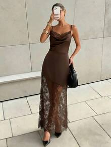 Rafferiza Đầm nữ thanh lịch phối ren, hở lưng, chất liệu satin, thiết kế bất đối xứng, đầm dự tiệc mùa hè, màu nâu. - màu nâu - Xem 6