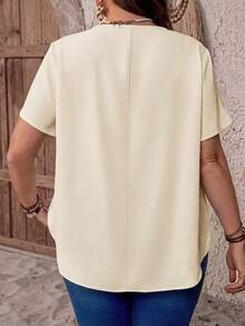 EMERY ROSE Plus Size V-Neck Ruched White Summer Short Sleeve Casual Solid Dressy Top,Women's Smart Casual Office Outfits,Simple Fashionable Everyday Wear Tops - Apricot - View 2