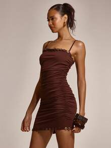 MUSERA Strappy Straight Neck Button Trim Ruched Fitted Slinky Mini Dress Cute Summer Spring Sexy Going Out Beach Holiday Vacation Honey Tides - Black - View 3