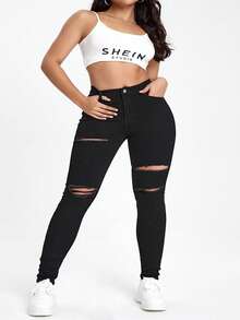 Jeanoix Plus Size Solid Color Distressed Skinny Jeans - Black - View 3