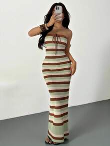 SHEIN PETITE 钩针编织夏季浪漫度假春夏撞色修身手工交叉无肩带女式长裙 - 彩色 - 查看 6