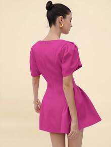 BELROSIE Italian Style Tulip 3D Short Sleeve Round Neck Peplum Hem Split Skirt Women Short Princess Dress - Rose Red - View 5