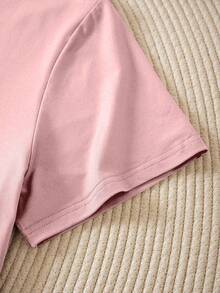 Plus Size Women's V-Neck Casual Sports Tee, Summer New Design, Pink Color - Black - View 4