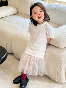 Dazy Kids 女婴圆领休闲网纱拼接中长连衣裙 夏季 - 白色 - 查看 1