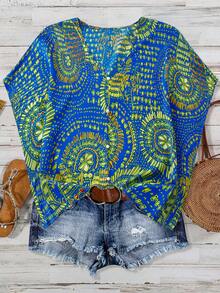 Linhara Plus Size Women's Blue V-Neck Printed Raglan Sleeve Ruffle Front Button Casual Vacation Holiday Autumn Boho Summer Tops Shirt Blouse - Blue - View 5